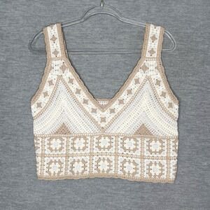 Women's Size L Crochet Tank Top Oversized Cropped Granny Square Neutral 70s